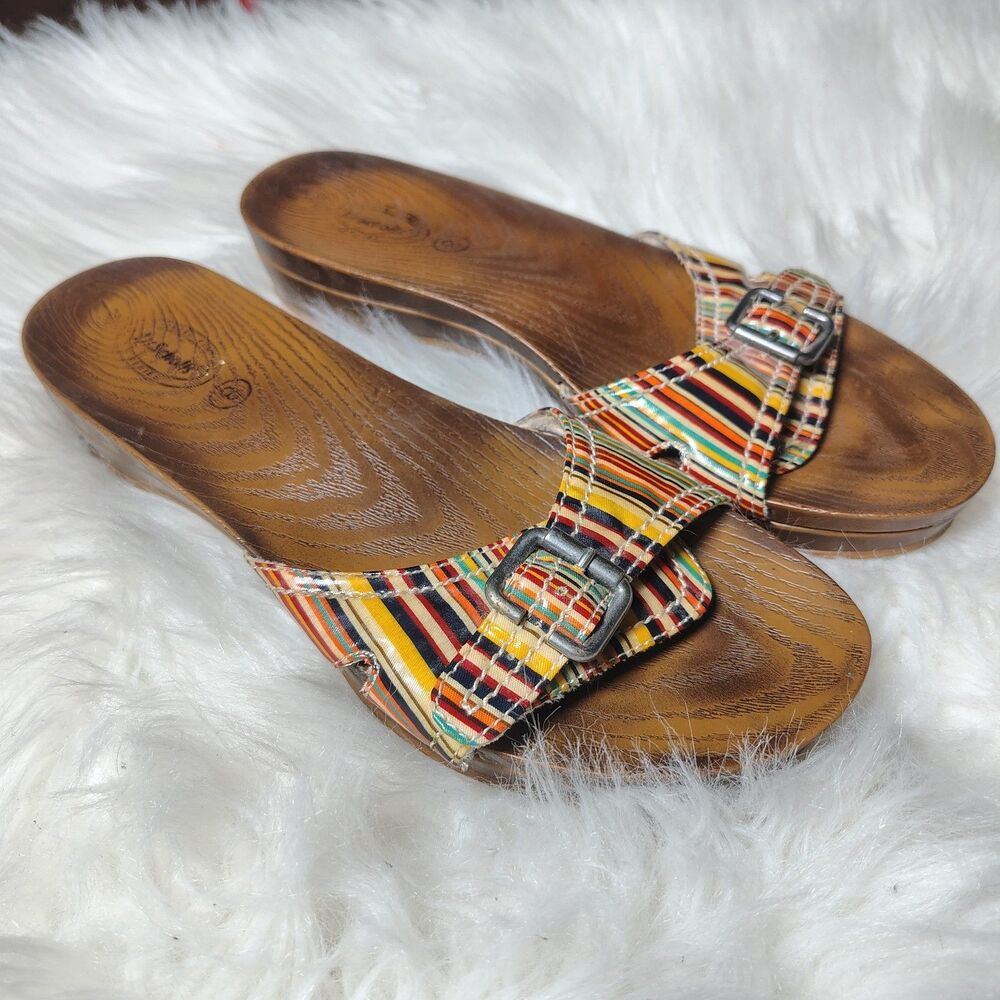 Dr. Scholl's Multicolor Slides Faux Wood Retro Style Wmns Size 8